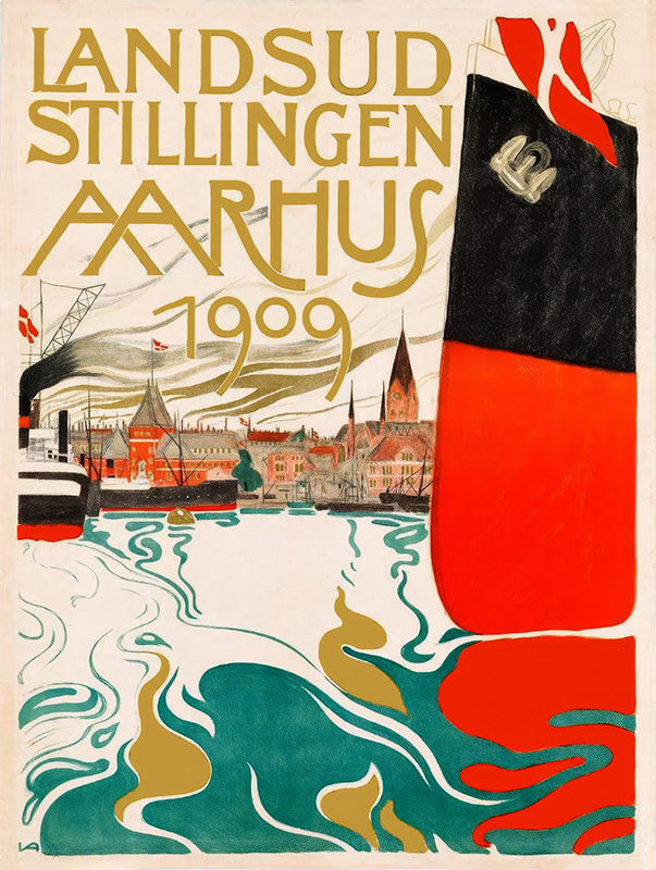 Poster with bold text reading Landsud Stillingen Aarhus 1909, featuring a Denmark waterfront cityscape, a large red and black ship’s bow, and stylized water in the foreground. Poster print available in A1 to A4 sizes.