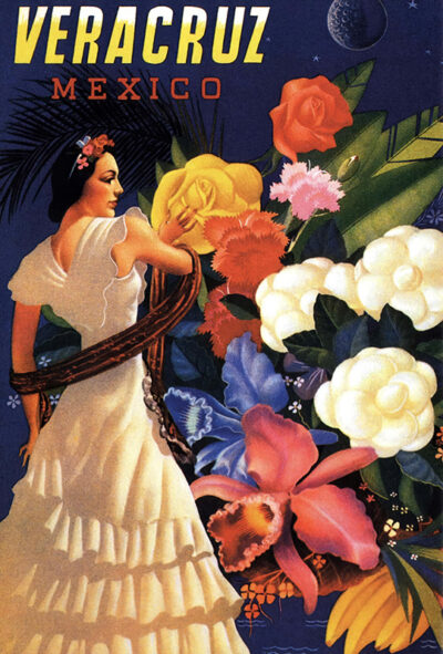 A woman in traditional dress stands amid large colourful flowers, with Veracruz México written above in bold letters against a dark blue background, evoking the vibrant spirit of the 1930s. Poster print available in A1 to A4 sizes.