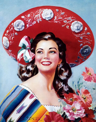 A woman in a traditional Mexican dress and large red sombrero with floral embroidery, holding pink flowers and smiling against a blue background—reminiscent of a vintage illustration or classic Mexico travel poster. Poster print available in A1 to A4 sizes.