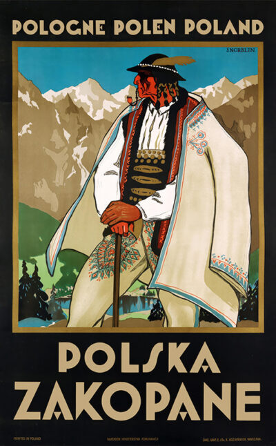 Vintage poster by NORBLIN Stefan from 1925 depicts a man in traditional Polish highlander clothing with mountains behind him, promoting Zakopane, Poland as a travel destination. Poster print available in A1 to A4 sizes.