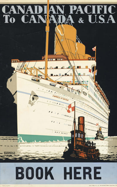 Vintage travel poster featuring the ocean liner Empress of Britain with tugboats, promoting Canadian Pacific journeys to Canada and the USA. Illustrated by Shoesmith, it captures the elegance of classic voyages. Poster print available in A1 to A4 sizes.