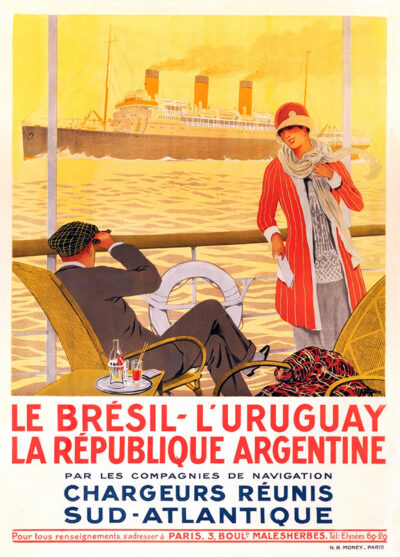 A man and woman relax on a ship’s deck overlooking the sea, with a large ocean liner in the background; travel ad text below promotes voyages to Brésil, Uruguay, and République Argentine. Poster print available in A1 to A4 sizes.