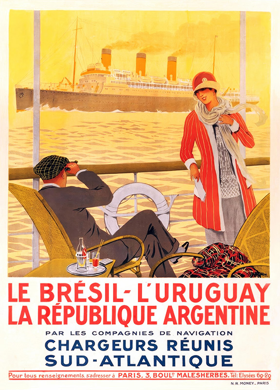 product-image A man and woman relax on a ship’s deck overlooking the sea, with a large ocean liner in the background; travel ad text below promotes voyages to Brésil, Uruguay, and République Argentine. Poster print available in A1 to A4 sizes.