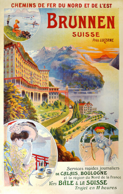 A vintage travel poster by MEUNIER Georges advertises Brunnen Suisse near Lucerne, featuring scenic views, a grand hotel by the lake, and travelers enjoying leisure activities; French text provides travel details. Poster print available in A1 to A4 sizes.