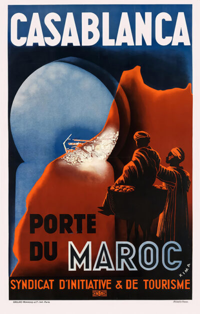 Vintage travel poster featuring the word CASABLANCA at the top, with silhouettes of two figures and a cityscape under a large moon; highlights Casablanca as the Porte du Maroc and promotes tourism in Morocco. Poster print available in A1 to A4 sizes.