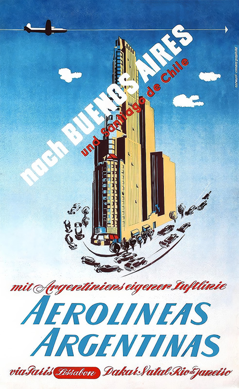 product-image Vintage airline poster for Aerolíneas Argentinas featuring a tall building, airplane, and cars, with text promoting flights to Buenos Aires via Paris, Dakar, Santiago de Chile, and Rio de Janeiro. Poster print available in A1 to A4 sizes.