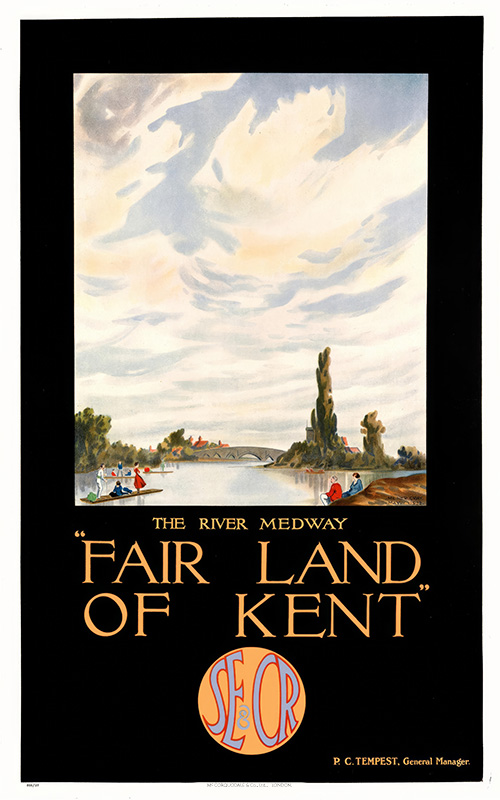 product-image A vintage poster by Grey Milner shows people boating on the River Medway among trees and clouds, promoting Kent as the Fair Land of Kent for SE&CR. Poster print available in A1 to A4 sizes.