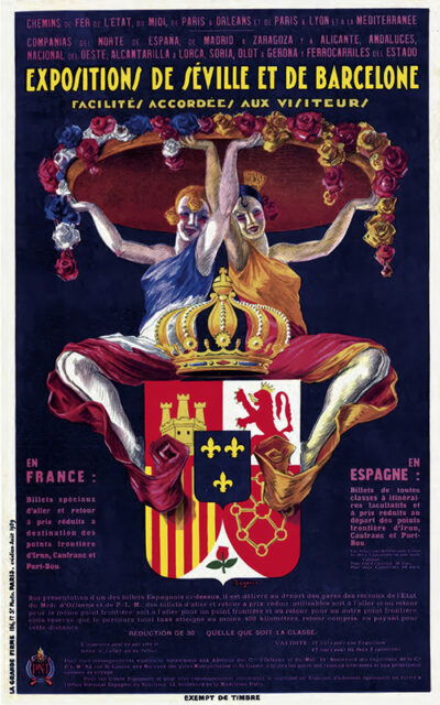 A vintage poster featuring two dancers above a large Spanish coat of arms, promoting the 1929 Expositions de Barcelone and Expositions de Séville. Text details participating cities and transport options. Poster print available in A1 to A4 sizes.