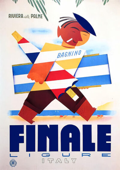 Vintage travel poster of a smiling lifeguard carrying a striped surfboard, with text Finale Ligure Italy and Riviera delle Palme at the top, capturing the sun-soaked charm of the Italy Riviera. Poster print available in A1 to A4 sizes.