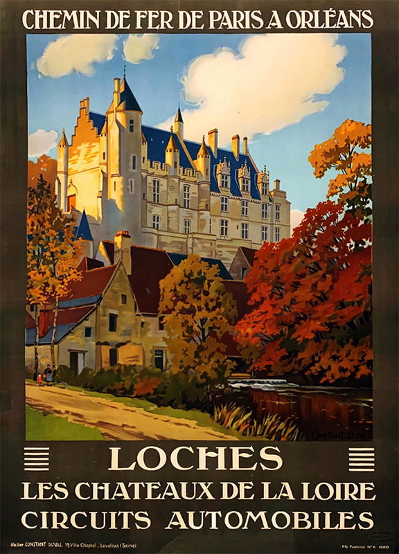product-image Vintage travel poster by CONSTANT-DUVAL Léon featuring a grand château on a hill with houses below, advertising railway circuits to Loches and the Chateaux de la Loire from Paris to Orléans. Poster print available in A1 to A4 sizes.