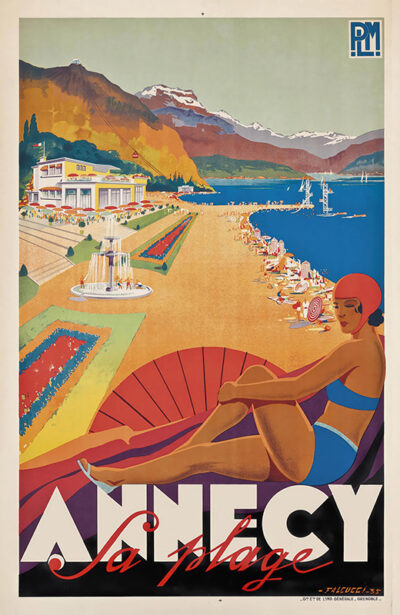 product-image Vintage 1935 Annecy travel poster showing a woman in a swimsuit by a lakeside resort, with mountains, gardens, and people relaxing on the beach; artwork by Robert Falcucci. Poster print available in A1 to A4 sizes.