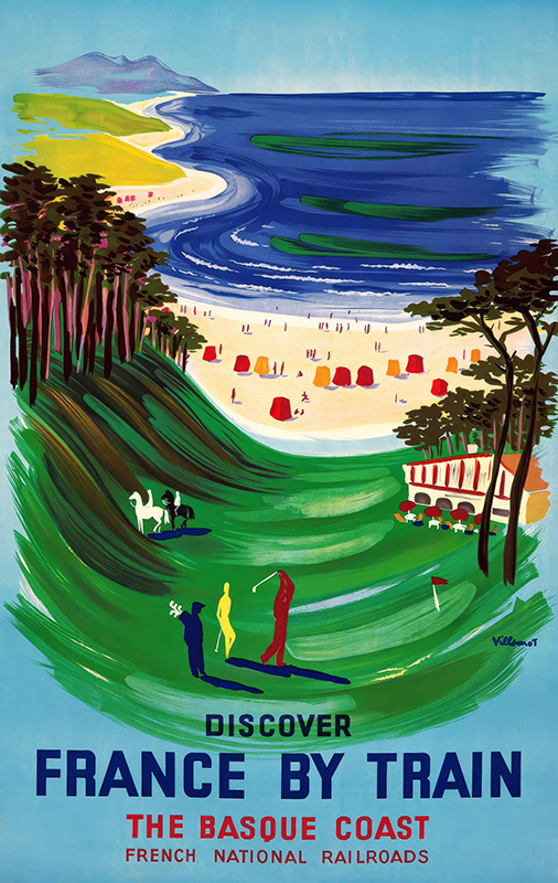 Vintage travel poster by VILLEMOT Bernard featuring a stylized Basque Coast with its beach, sea, golf course, and lively people. Text invites you to explore France by Train: The Basque Coast—French National Railroads. Poster print available in A1 to A4 sizes.