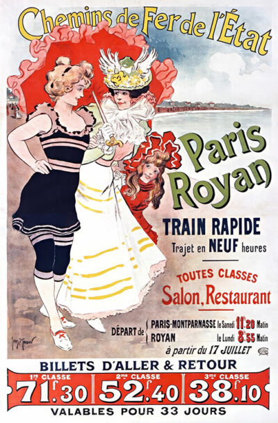Vintage French railway poster advertising rapid Paris Royan service by Chemins de Fer de lÉtat, featuring women in period swimwear by the seaside, with travel times and ticket prices listed. Poster print available in A1 to A4 sizes.