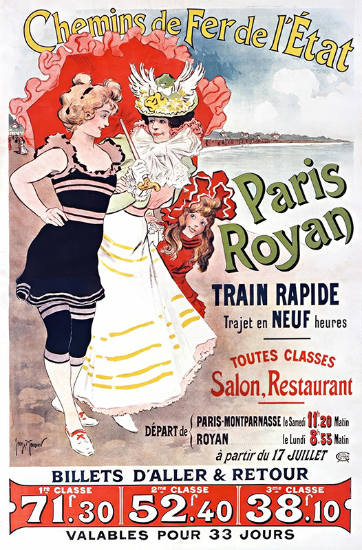 product-image Vintage French railway poster advertising rapid Paris Royan service by Chemins de Fer de lÉtat, featuring women in period swimwear by the seaside, with travel times and ticket prices listed. Poster print available in A1 to A4 sizes.