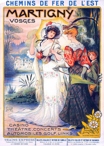 A vintage Chemins de Fer de lEst travel poster depicts two women in elegant dresses and hats standing in a lush park, promoting Martigny Vosges in the Vosges region for concerts, theatre, and leisure activities. Poster print available in A1 to A4 sizes.