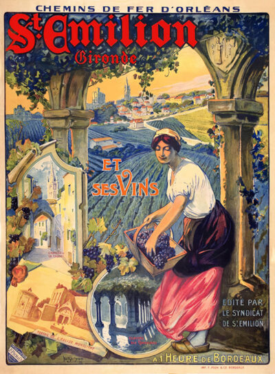 Vintage travel poster of St Emilion in the Gironde, featuring a woman harvesting grapes amid scenic vineyards, highlighting the region’s wines and its proximity to Bordeaux. Poster print available in A1 to A4 sizes.