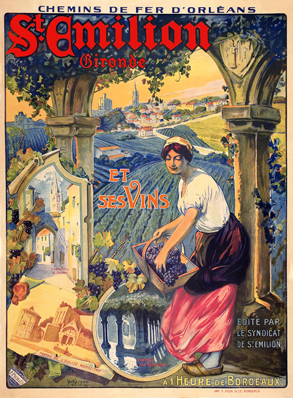 product-image Vintage travel poster of St Emilion in the Gironde, featuring a woman harvesting grapes amid scenic vineyards, highlighting the region’s wines and its proximity to Bordeaux. Poster print available in A1 to A4 sizes.