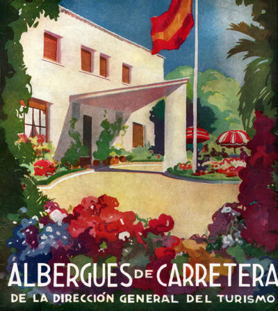 A vibrant travel poster features a roadside hostel with a Spanish flag, blooming flowers, lush shrubs, and red-striped umbrellas. Text reads: “Albergues de Carretera de la Dirección General del Turismo.”. Poster print available in A1 to A4 sizes.