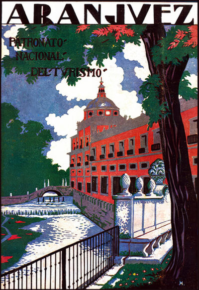 Illustrated travel poster of Aranjuez featuring a grand riverside building, lush trees in the foreground, and Spanish text promoting national tourism by Patronato Nacional del Turismo. Poster print available in A1 to A4 sizes.