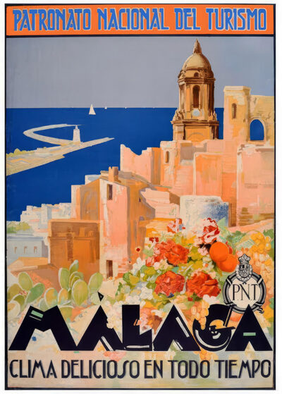 Vintage 1930s travel poster featuring Málaga’s coastal cityscape, prominent church tower, Mediterranean Sea, and colourful flowers. Text promotes Turismo Málaga and the city’s pleasant climate year-round. Poster print available in A1 to A4 sizes.