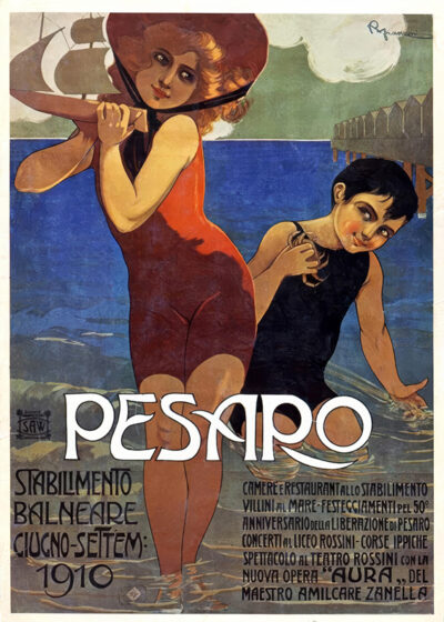 Vintage travel poster showing two children in swimsuits by the sea, promoting the 1910 summer season at Pesaros Stabilimento Balneare, with details on local events and seaside amenities. Poster print available in A1 to A4 sizes.