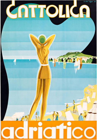 Art Deco travel poster of Cattolica Adriatico, inspired by Achille dal LAGO, featuring a stylized golden statue by the sea with sailboats, beachgoers, and rolling hills in the background. Poster print available in A1 to A4 sizes.