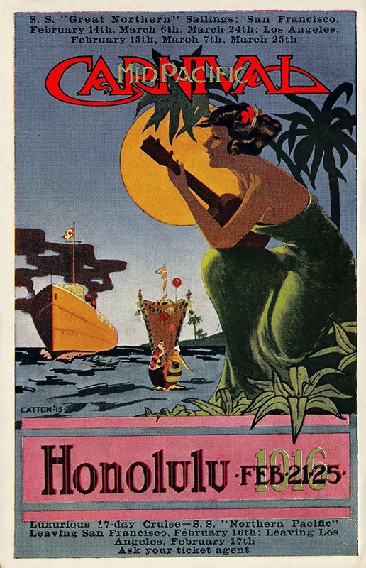 product-image Vintage 1916 Travel Poster advertising a cruise to Honolulu, featuring a woman with a lei, palm trees, a boat, and tropical Mid-Pacific Carnival scenery. Poster print available in A1 to A4 sizes.