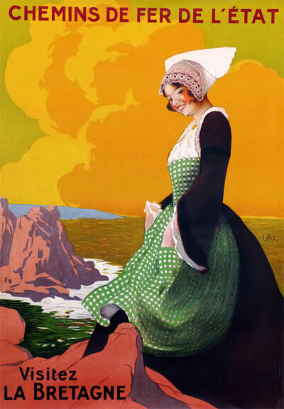 A woman in traditional Breton dress stands on a rocky coastline with waves below, under a yellow sky. This vintage Travel Poster features the text Chemins de Fer de lÉtat and Visitez la Bretagne, inviting you to explore Brittany. Poster print available in A1 to A4 sizes.