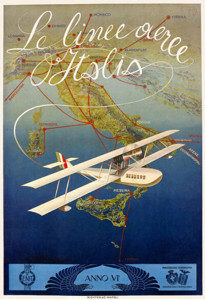 Vintage travel poster shows a biplane soaring over a map of Italy with marked routes; Italian text at the top and Le Linee Aeree dItalia travel company info at the bottom. Poster print available in A1 to A4 sizes.