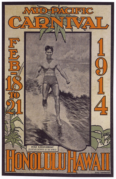 Vintage travel poster advertising the 1914 Mid-Pacific Carnival in Honolulu, Hawaii, featuring a surfer catching a wave and event dates: February 18 to 21. Poster print available in A1 to A4 sizes.