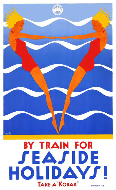 Vintage SELLHEIM Kodak travel poster shows two women in red swimsuits diving in mirrored poses against wavy blue lines. Text reads, By train for seaside holidays! Take a Kodak. Poster print available in A1 to A4 sizes.