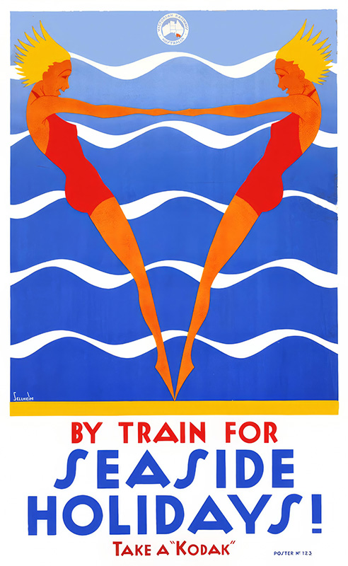 Vintage SELLHEIM Kodak travel poster shows two women in red swimsuits diving in mirrored poses against wavy blue lines. Text reads, By train for seaside holidays! Take a Kodak. Poster print available in A1 to A4 sizes.