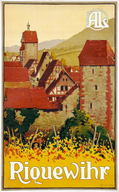 Vintage Riquewihr travel poster by SCHULTZ-WETTEL, 1925, depicts medieval buildings with red roofs, vineyards in the foreground, and mountains in the background; Riquewihr is written at the bottom. Poster print available in A1 to A4 sizes.