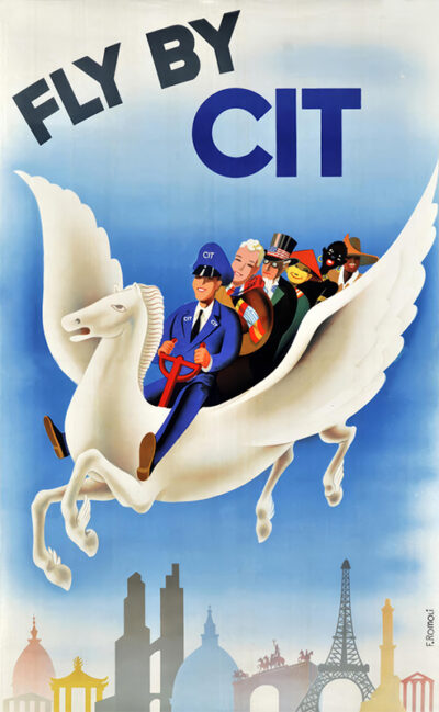 Illustration of people riding a white winged horse above city landmarks, with the text Fly by CIT at the top of the poster. Inspired by ROMOLI Filippo’s iconic CIT Travel Poster style. Poster print available in A1 to A4 sizes.