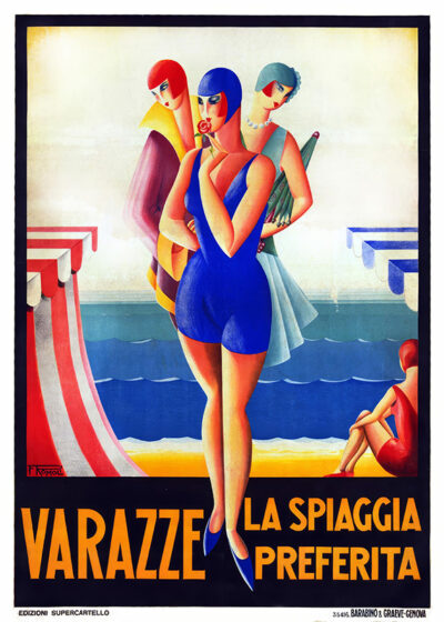 Vintage 1929 travel poster showing three women in swimsuits on a beach, with striped canopies, sand, and the sea in the background. Text reads “Varazze La Spiaggia Preferita.”. Poster print available in A1 to A4 sizes.