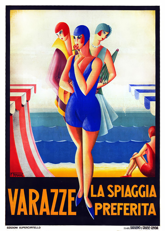 product-image Vintage 1929 travel poster showing three women in swimsuits on a beach, with striped canopies, sand, and the sea in the background. Text reads “Varazze La Spiaggia Preferita.”. Poster print available in A1 to A4 sizes.