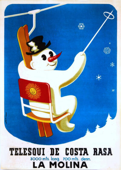 Illustration of a smiling snowman wearing a hat, sitting on a ski lift chair with snowflakes and blue sky in the background. Styled like a 1955 travel poster, it promotes “Telesquí de Costa Rasa, La Molina” at the bottom. Poster print available in A1 to A4 sizes.