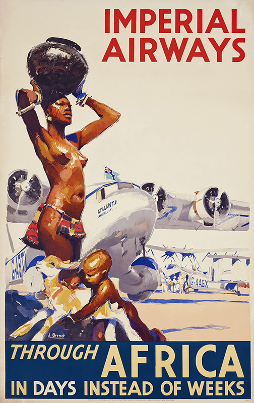 Vintage Imperial Airways Africa Travel Poster by Albert Brenet shows African women carrying pots before airplanes, promoting fast travel across Africa with the slogan In days instead of weeks. Poster print available in A1 to A4 sizes.