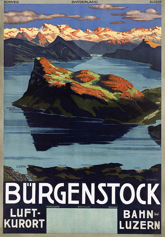 Vintage travel poster of Burgenstock mountain and resort above Lake Luzern, Switzerland, with surrounding Alps under a blue sky. Text promotes railway and funicular access. Poster print available in A1 to A4 sizes.