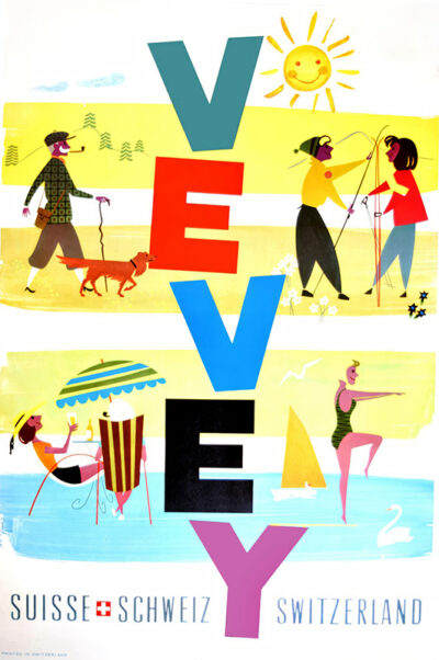 Colourful illustrated travel poster with large letters spelling VEVEY, showing people fishing, walking a dog, relaxing at the beach, and swimming, with Suisse Schweiz Switzerland at the bottom. Poster print available in A1 to A4 sizes.
