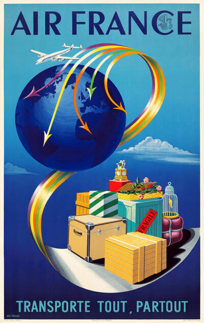 Vintage Air France travel poster from 1952 featuring a globe with airplanes and colourful flight paths, assorted cargo like boxes, a birdcage, and suitcases, with French text at the bottom. Poster print available in A1 to A4 sizes.