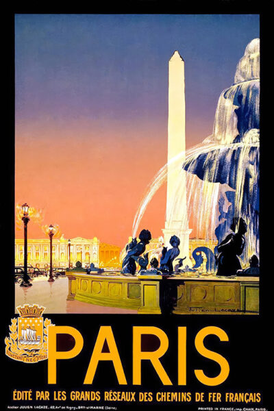 Travel Poster illustrated by LACAZE Julien, showcasing Paris Fountain at Place de la Concorde with its obelisk and historic buildings aglow at dusk. Poster print available in A1 to A4 sizes.
