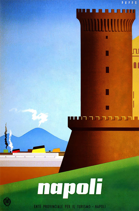 product-image Stylized travel poster of Naples by Mario Napoli: a castle tower stands in the foreground, with colourful buildings, swirling smoke, and Mount Vesuvius erupting in the background. Text reads napoli. Poster print available in A1 to A4 sizes.