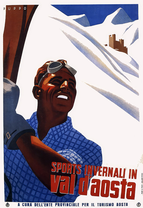 product-image Vintage travel poster featuring a smiling skier in front of snow-covered mountains and a castle, promoting Sports Invernali in Val dAosta, Italy. Poster print available in A1 to A4 sizes.