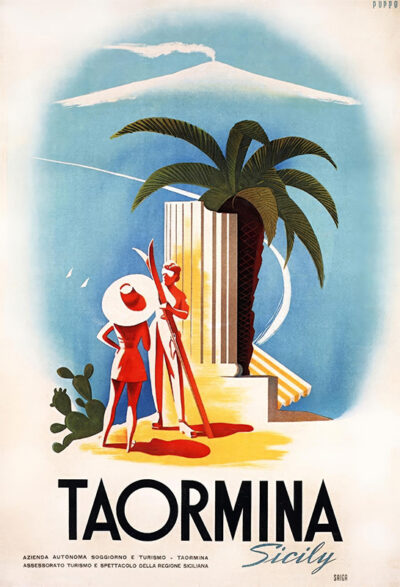 product-image Vintage Sicily Travel Poster from 1952 depicting two women in swimsuits and sun hats by a palm tree and classical column, with Taormina Sicily written at the bottom—a classic Mario Taormina design. Poster print available in A1 to A4 sizes.