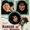 Vintage movie poster for the 1922 documentary Nanook of the North featuring illustrated portraits of Inuit people, a dog, and promotional text about the film’s drama and authenticity. Movie poster print available in A1 to A4 sizes.