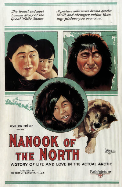 Vintage movie poster for the 1922 documentary Nanook of the North featuring illustrated portraits of Inuit people, a dog, and promotional text about the film’s drama and authenticity. Movie poster print available in A1 to A4 sizes.