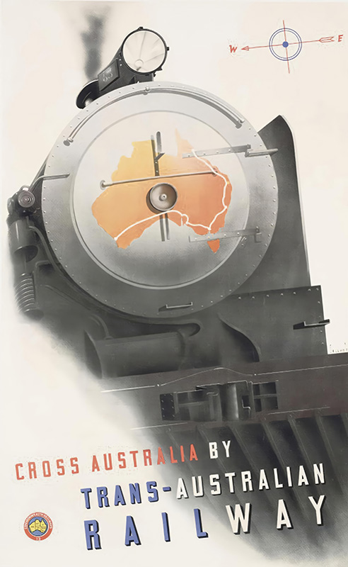 product-image A stylized train front with a map of Australia on the nose and a target marker, promoting the Trans-Australian Railway with bold text and a compass in the corner, inspired by Gert Sellheim’s iconic 1935 railway poster. Poster print available in A1 to A4 sizes.
