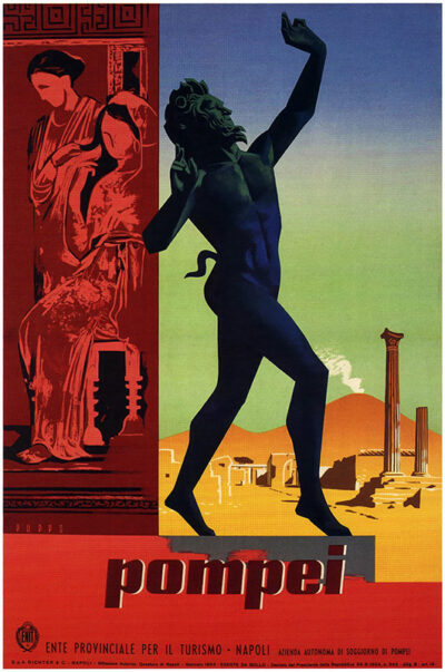 Vintage travel poster inspired by Mario Pompei, featuring a stylized statue of a dancing figure amid the ruins of Pompeii, with classical artwork and columns in the background. Text reads: Pompei. Poster print available in A1 to A4 sizes.