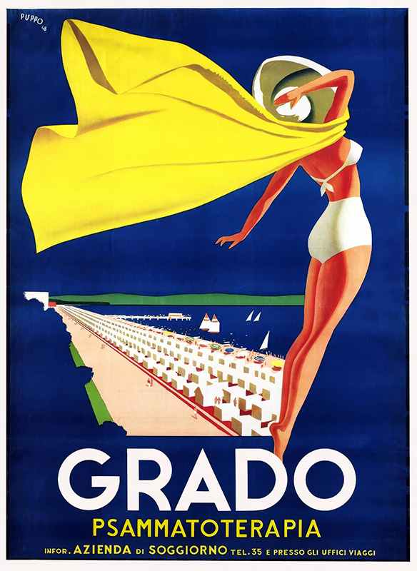 product-image A woman in a white bikini and sunhat stands by the sea with a yellow scarf blowing, overlooking a beach lined with umbrellas. Styled like a 1948 travel poster, text reads: GRADO PSAMMATOTERAPIA. Poster print available in A1 to A4 sizes.